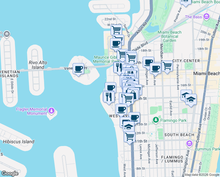map of restaurants, bars, coffee shops, grocery stores, and more near 1545 Bay Road in Miami Beach