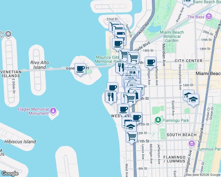 map of restaurants, bars, coffee shops, grocery stores, and more near 1510 Bay Road in Miami Beach
