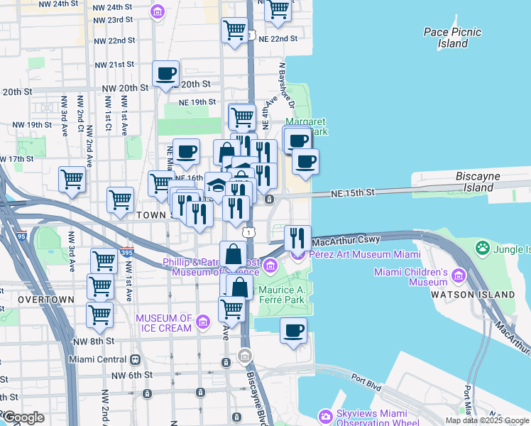 map of restaurants, bars, coffee shops, grocery stores, and more near 1351 Biscayne Boulevard in Miami