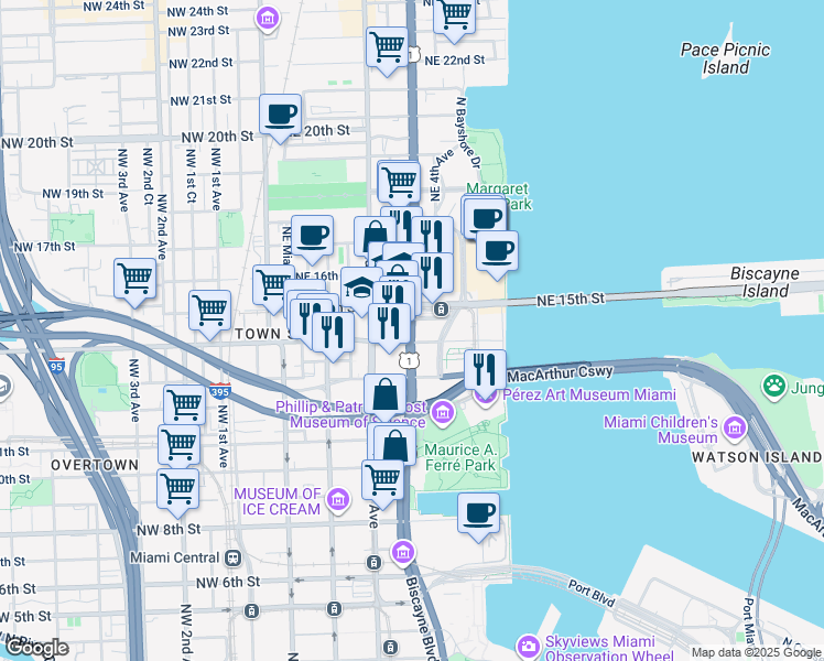 map of restaurants, bars, coffee shops, grocery stores, and more near 1351 Biscayne Boulevard in Miami