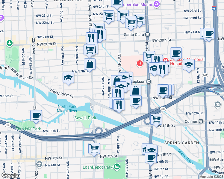 map of restaurants, bars, coffee shops, grocery stores, and more near 1436 Northwest 14th Avenue in Miami