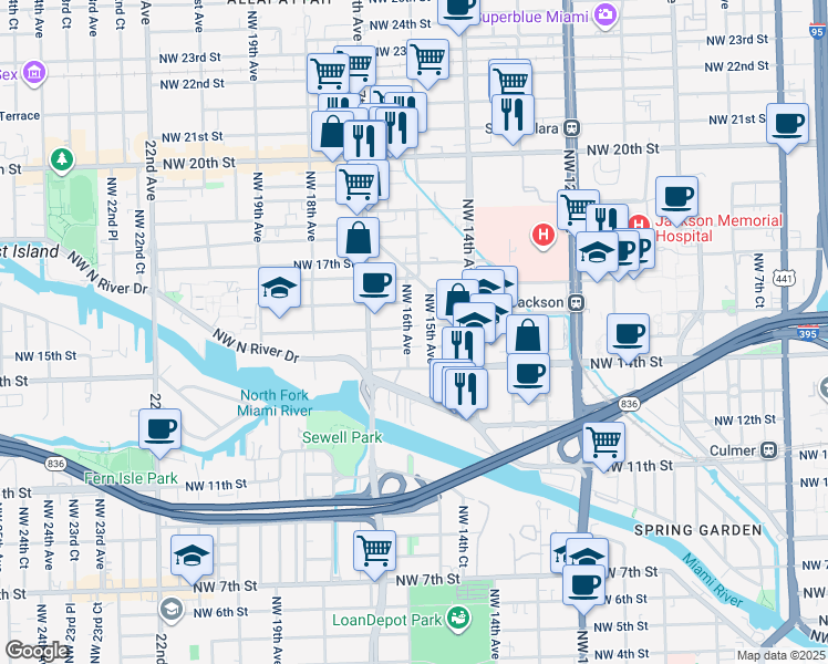 map of restaurants, bars, coffee shops, grocery stores, and more near 1421 Northwest 16th Avenue in Miami