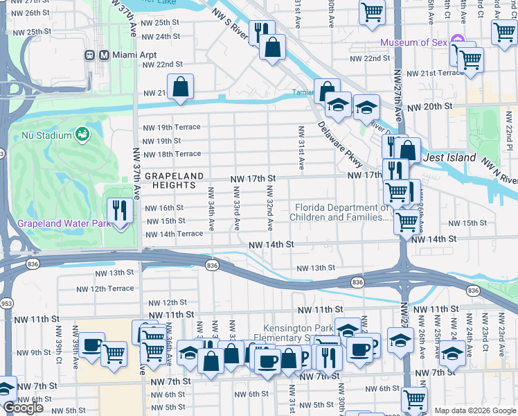 map of restaurants, bars, coffee shops, grocery stores, and more near 3220 Northwest 15th Street in Miami