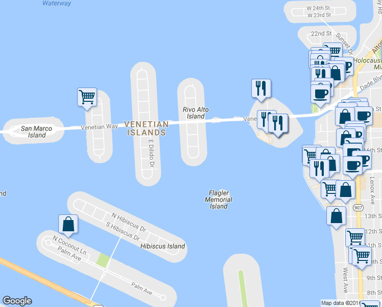 map of restaurants, bars, coffee shops, grocery stores, and more near 22 West Rivo Alto Drive in Miami Beach