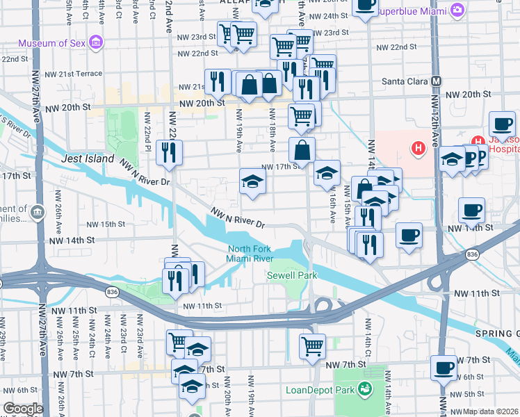 map of restaurants, bars, coffee shops, grocery stores, and more near 1871 Northwest North River Drive in Miami