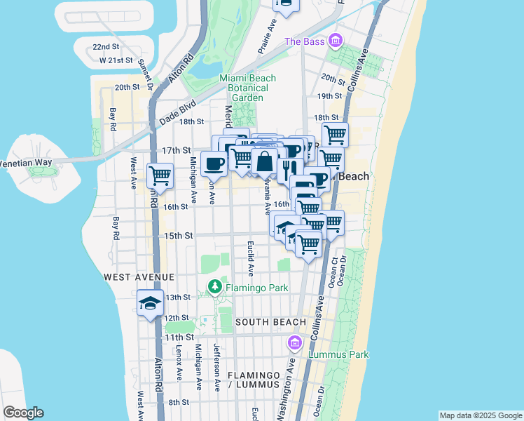 map of restaurants, bars, coffee shops, grocery stores, and more near 1612 Pennsylvania Avenue in Miami Beach