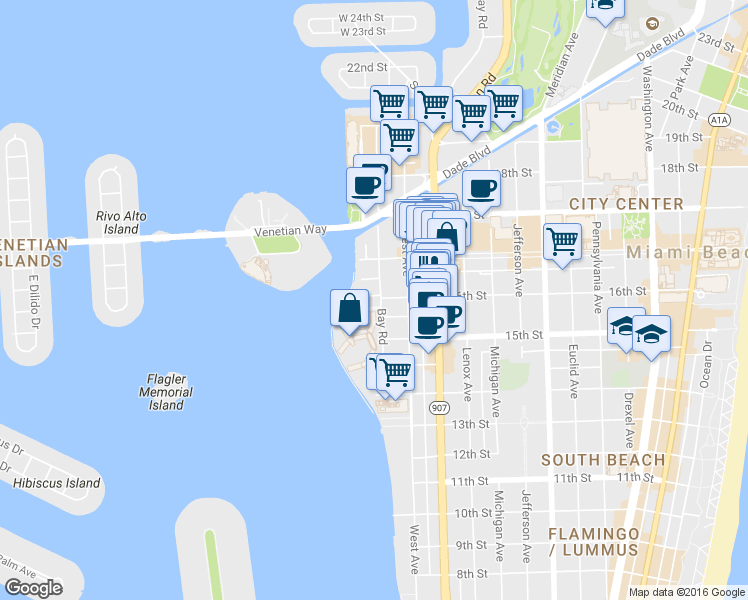 map of restaurants, bars, coffee shops, grocery stores, and more near 1621 Bay Road in Miami Beach