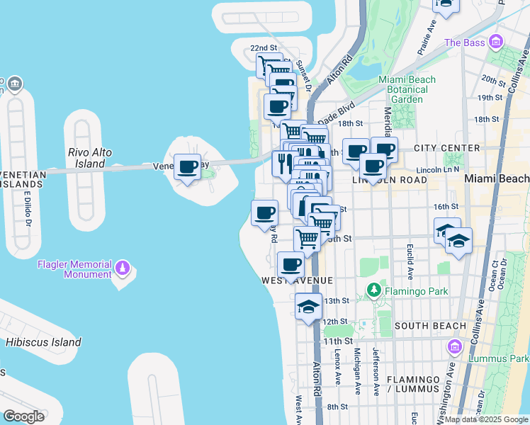 map of restaurants, bars, coffee shops, grocery stores, and more near 1621 Bay Road in Miami Beach