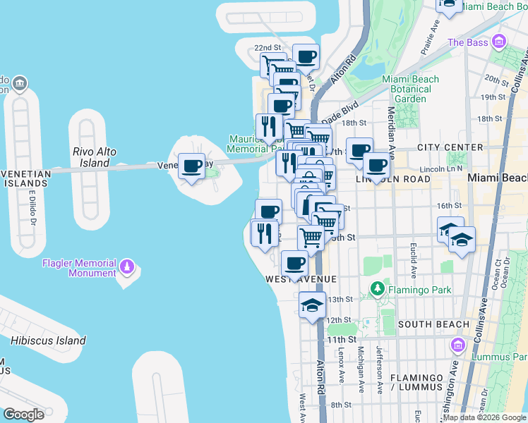 map of restaurants, bars, coffee shops, grocery stores, and more near 1445 16th Street in Miami Beach
