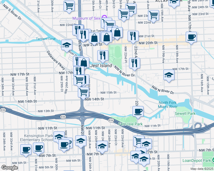 map of restaurants, bars, coffee shops, grocery stores, and more near 2415 Northwest 16th Street Road in Miami