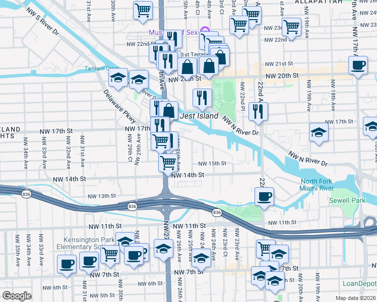 map of restaurants, bars, coffee shops, grocery stores, and more near 1641 Northwest 26th Avenue in Miami