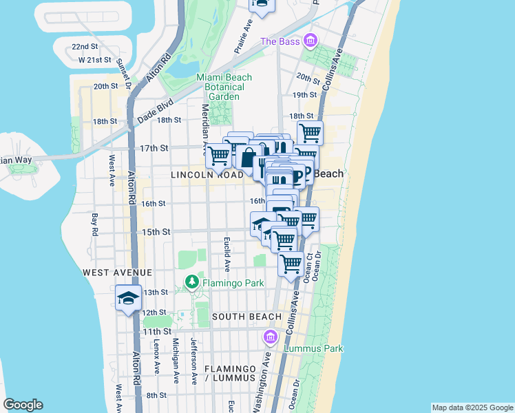 map of restaurants, bars, coffee shops, grocery stores, and more near 1608 Drexel Avenue in Miami Beach