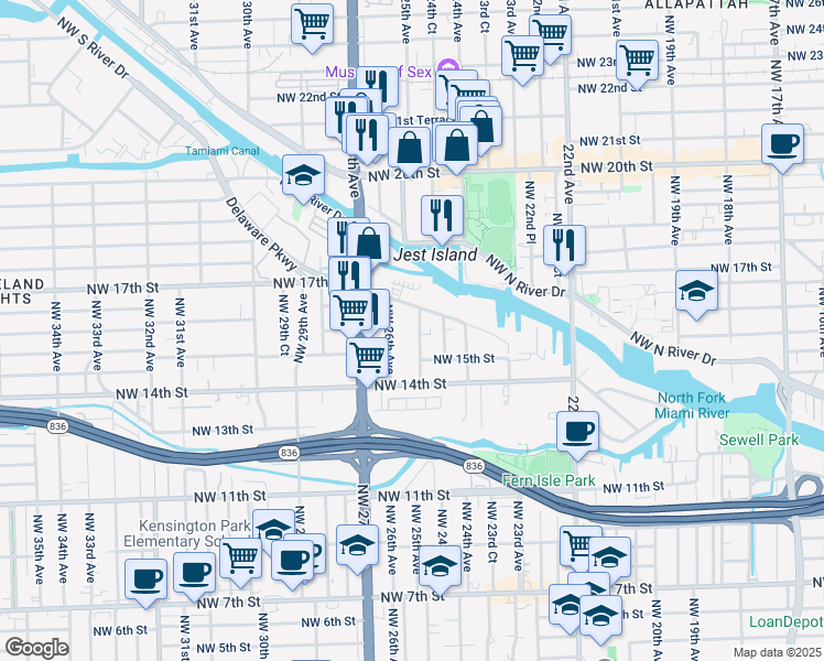 map of restaurants, bars, coffee shops, grocery stores, and more near 1641 Northwest 26th Avenue in Miami