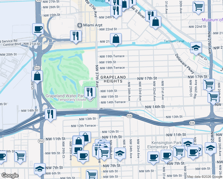 map of restaurants, bars, coffee shops, grocery stores, and more near 3627 Northwest 16th Terrace in Miami