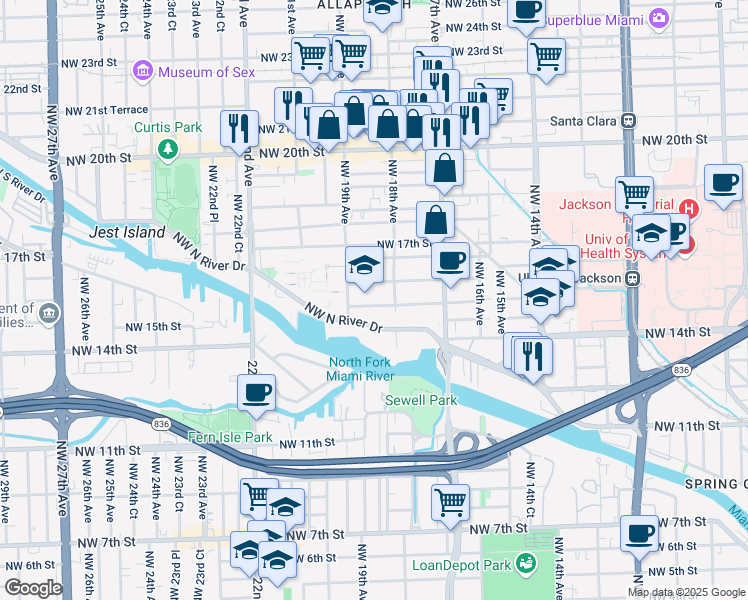 map of restaurants, bars, coffee shops, grocery stores, and more near 1845 Northwest 15th Street in Miami