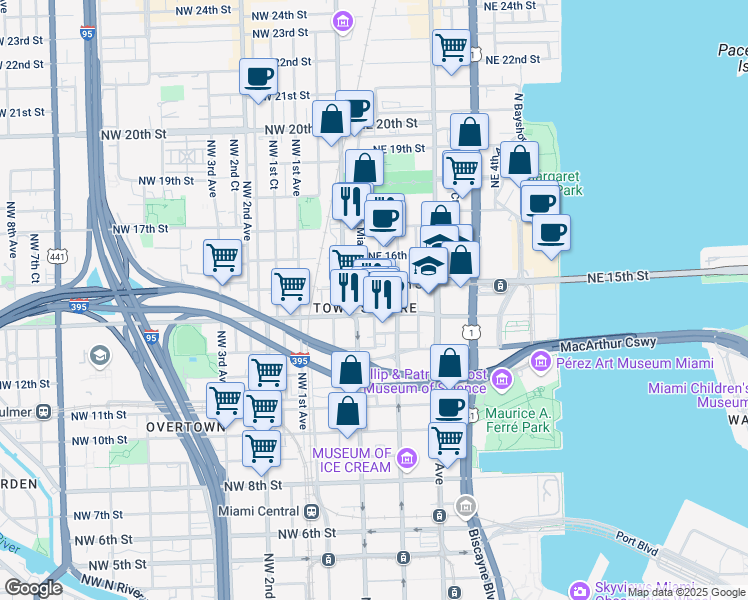 map of restaurants, bars, coffee shops, grocery stores, and more near 1424 Northeast Miami Place in Miami
