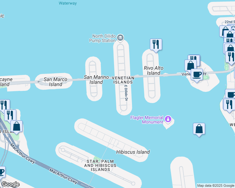 map of restaurants, bars, coffee shops, grocery stores, and more near 310 West Dilido Drive in Miami Beach