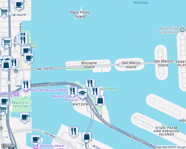 map of restaurants, bars, coffee shops, grocery stores, and more near 286 Port Miami Tunnel in Miami