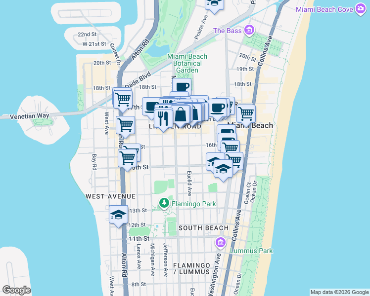 map of restaurants, bars, coffee shops, grocery stores, and more near 1611 Meridian Avenue in Miami Beach