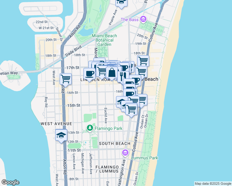 map of restaurants, bars, coffee shops, grocery stores, and more near 1612 Pennsylvania Avenue in Miami Beach