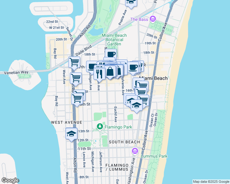 map of restaurants, bars, coffee shops, grocery stores, and more near 1611 Meridian Avenue in Miami Beach