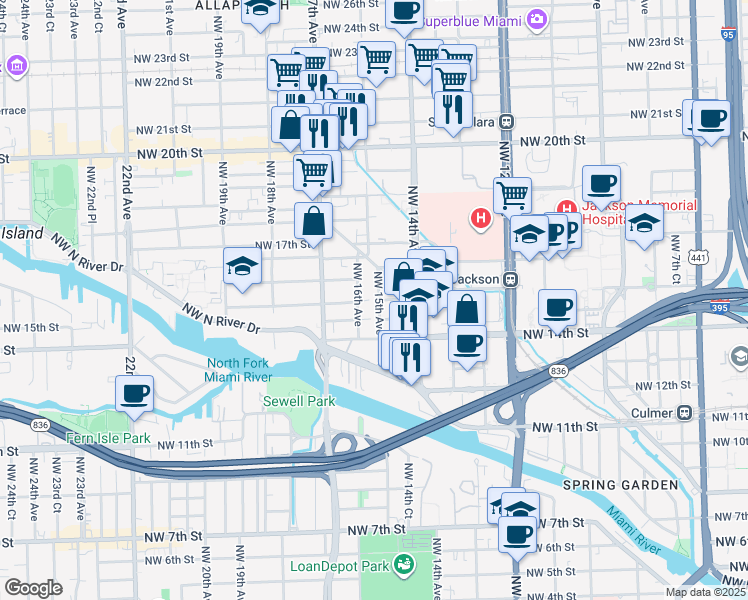 map of restaurants, bars, coffee shops, grocery stores, and more near 1531 Northwest 16th Avenue in Miami