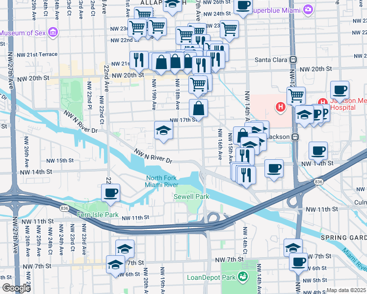 map of restaurants, bars, coffee shops, grocery stores, and more near 1764 Northwest 16th Street in Miami
