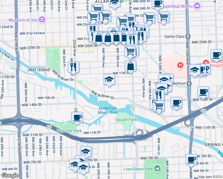 map of restaurants, bars, coffee shops, grocery stores, and more near in Miami