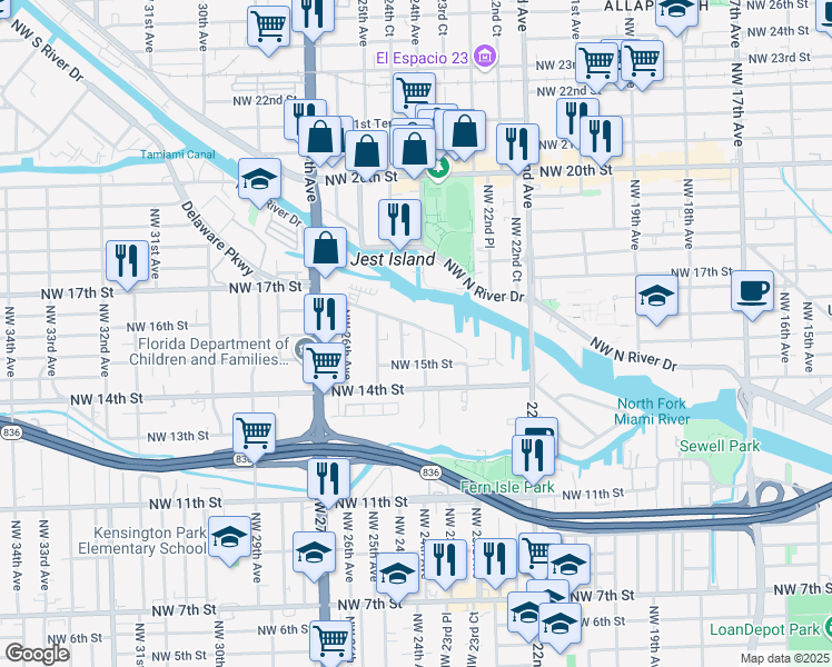 map of restaurants, bars, coffee shops, grocery stores, and more near 2415 Northwest 16th Street Road in Miami