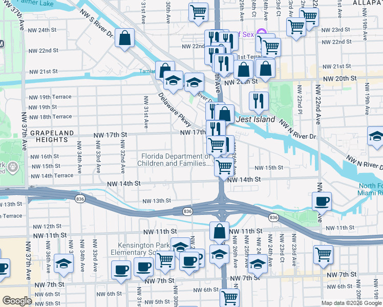 map of restaurants, bars, coffee shops, grocery stores, and more near 1627 Northwest 29th Court in Miami