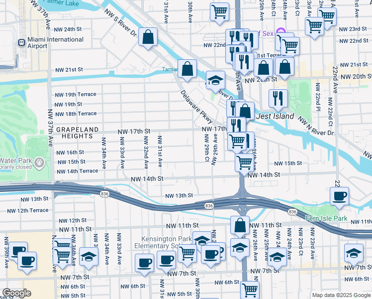 map of restaurants, bars, coffee shops, grocery stores, and more near 3001 Northwest 16th Street in Miami