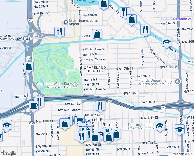 map of restaurants, bars, coffee shops, grocery stores, and more near 3527 Northwest 16th Terrace in Miami