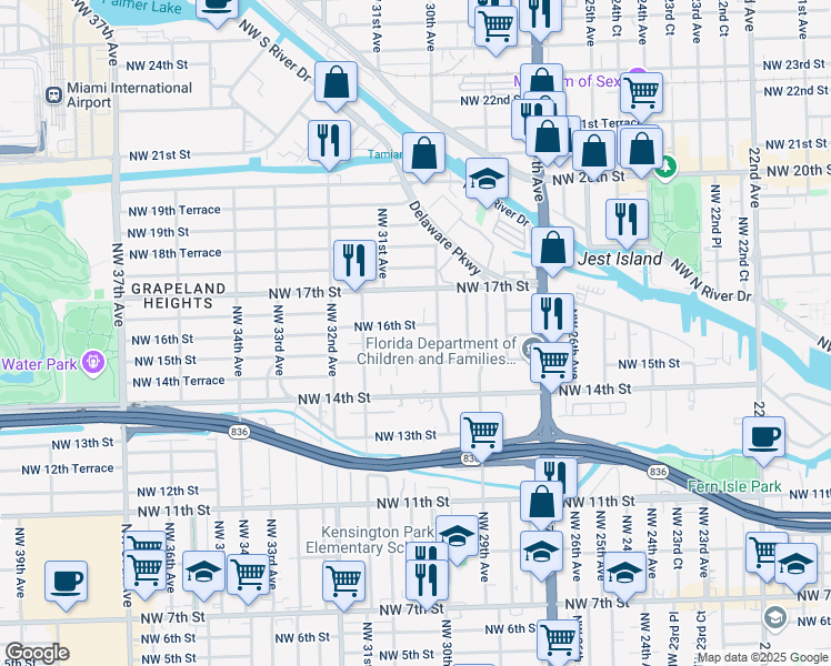 map of restaurants, bars, coffee shops, grocery stores, and more near 3001 Northwest 16th Street in Miami