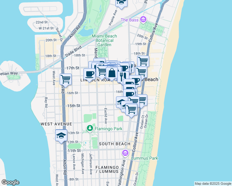 map of restaurants, bars, coffee shops, grocery stores, and more near 1612 Pennsylvania Avenue in Miami Beach
