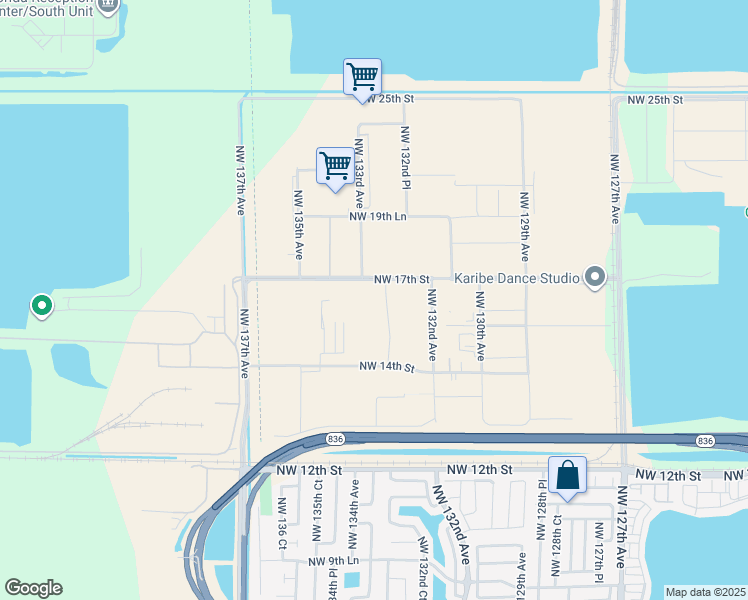 map of restaurants, bars, coffee shops, grocery stores, and more near 13200 Northwest 17th Street in Miami