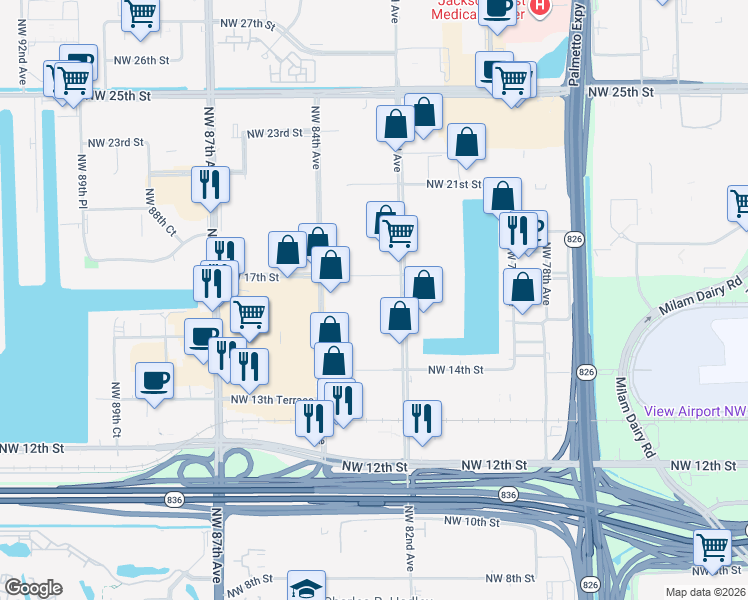map of restaurants, bars, coffee shops, grocery stores, and more near in Doral