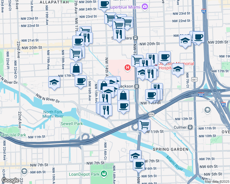 map of restaurants, bars, coffee shops, grocery stores, and more near 1475 Northwest 14th Avenue in Miami