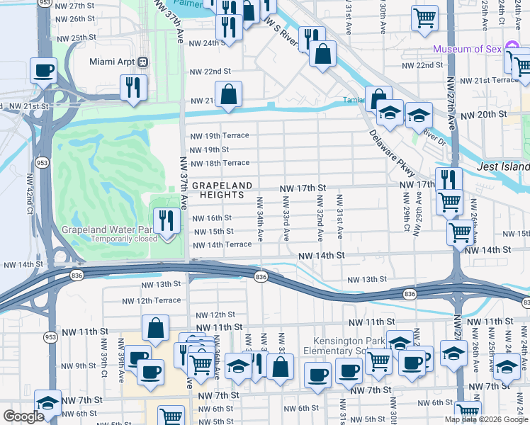 map of restaurants, bars, coffee shops, grocery stores, and more near 1630 Northwest 34th Avenue in Miami