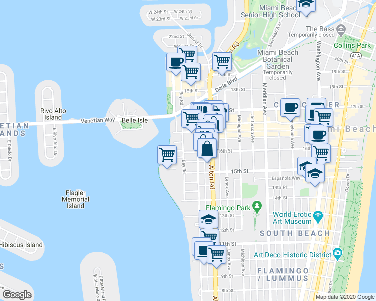 map of restaurants, bars, coffee shops, grocery stores, and more near 1621 Bay Road in Miami Beach