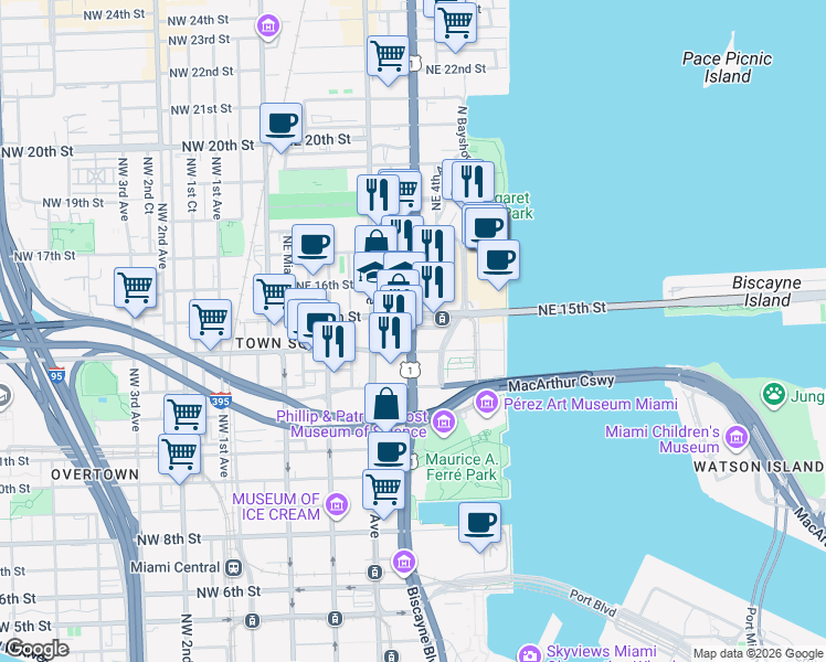 map of restaurants, bars, coffee shops, grocery stores, and more near in Miami