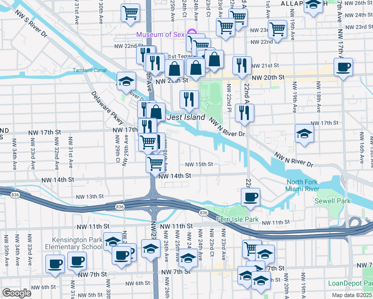 map of restaurants, bars, coffee shops, grocery stores, and more near 2415 Northwest 16th Street Road in Miami