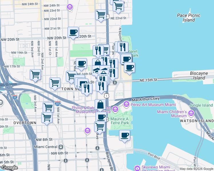 map of restaurants, bars, coffee shops, grocery stores, and more near in Miami