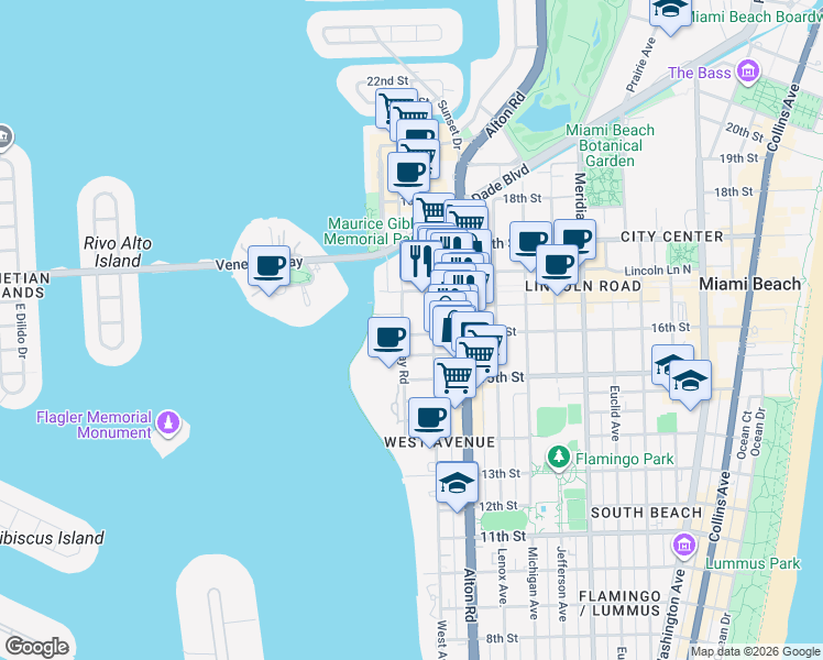 map of restaurants, bars, coffee shops, grocery stores, and more near 1621 Bay Road in Miami Beach