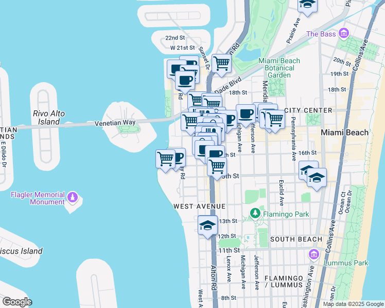 map of restaurants, bars, coffee shops, grocery stores, and more near 1600 West Avenue in Miami Beach