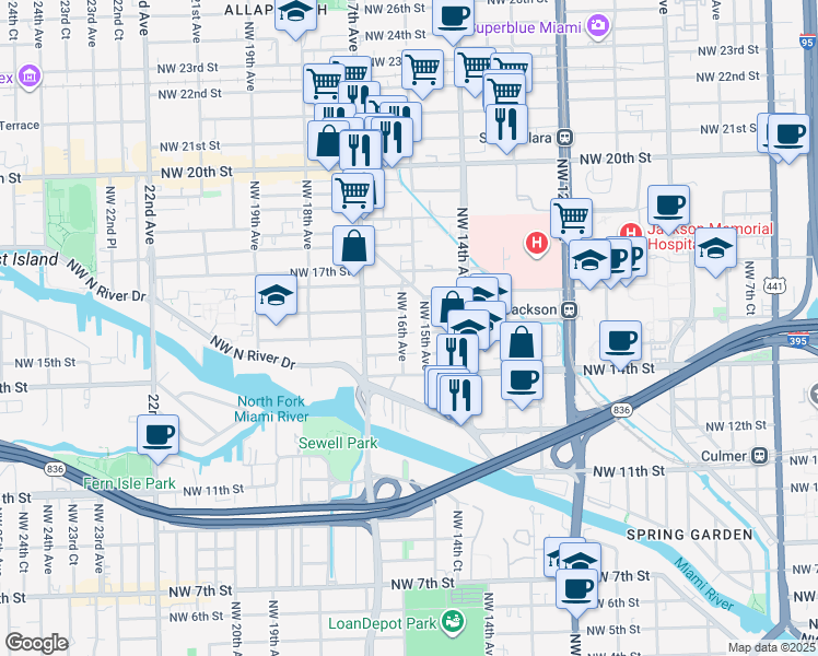 map of restaurants, bars, coffee shops, grocery stores, and more near 1545 Northwest 15th Street in Miami