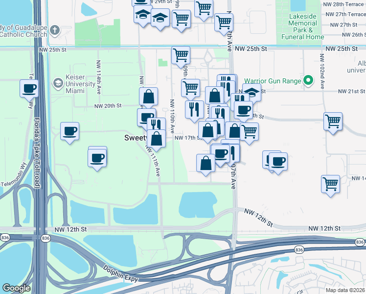map of restaurants, bars, coffee shops, grocery stores, and more near 1701 Northwest 17th Street in Doral