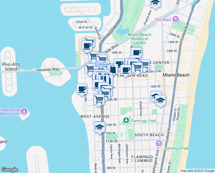 map of restaurants, bars, coffee shops, grocery stores, and more near 1040 Lincoln Road in Miami Beach