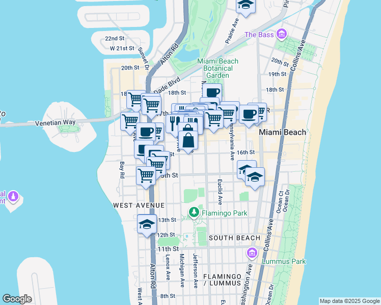 map of restaurants, bars, coffee shops, grocery stores, and more near 1615 Jefferson Avenue in Miami Beach
