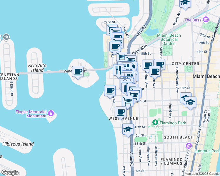 map of restaurants, bars, coffee shops, grocery stores, and more near 1621 Bay Road in Miami Beach