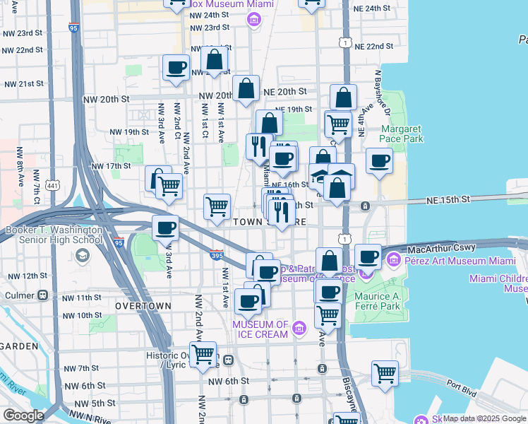 map of restaurants, bars, coffee shops, grocery stores, and more near 1501 North Miami Avenue in Miami